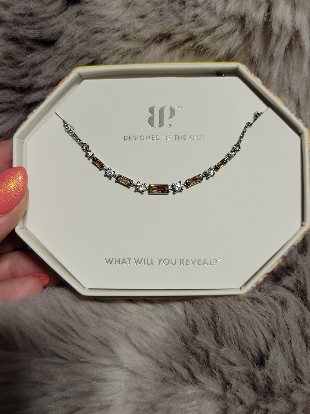 bp Brown and Silver Baguette Crystal Station Necklace